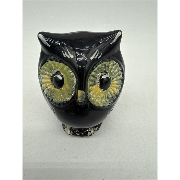 Fenton Hand Painted Black Hootie Owl Black Cat Face On Back Figurine Halloween